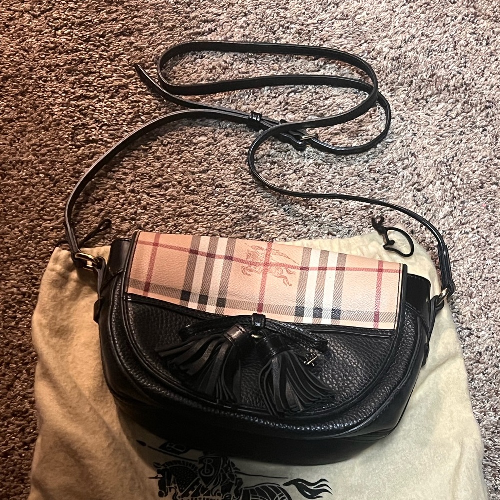 Burberry Black and Tan Crossbody Bag with Plaid Design